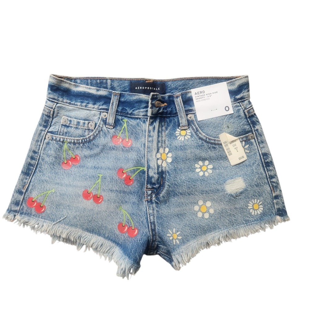 NWT Aeropostale Vintage High Rise Shorty Shorts  Cherry Daisy Print Women Size 0